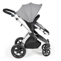 Ickle Bubba Stomp LUXE Travel System - Silver/Pearl Grey/Black - side view, showing the forward-facing pushchair