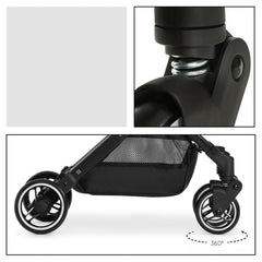 Hauck Travel N Care Stroller (Navy Blue) - showing the stroller`s suspension and swivelling front wheels