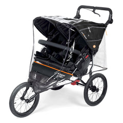 Out n About Nipper Sport DOUBLE v5 Pushchair (Summit Black) - showing the Sport Double wearing the included raincover