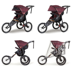 Out n About Nipper Sport v5 Pushchair (Brambleberry Red) - showing the pushchair with its hood extended, sun mesh and sun visor lowered, and wearing its raincover