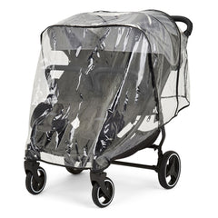 Ickle Bubba VENUS MAX Double Stroller (Black/Space Grey/Black) - showing the stroller wearing its protective rain cover