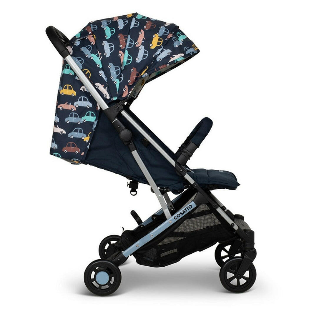 Cosatto Yo! Stroller - Beep Beep - side view, seat reclined and hood extended