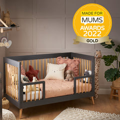 Obaby MAYA Cot Bed (Slate with Natural) - showing the cot bed which has been awarded the Made For Mums GOLD Award for 2022