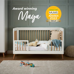Obaby MAYA Cot Bed (White with Natural) - showing the cot bed which has been awarded the Made For Mums GOLD Award for 2022