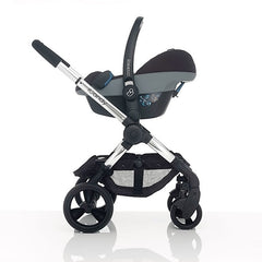 iCandy Peach MAIN Car Seat Adaptor - side view, showing a Maxi-Cosi infant carrier fitted onto the chassis