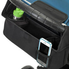 Baby Jogger Universal Parent Console (Black) - shown attached to stroller (drink bottle and mobile phone not included)