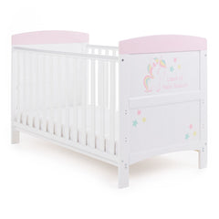 Obaby Grace Inspire Cot Bed (Unicorn) - quarter view, shown with a mattress
