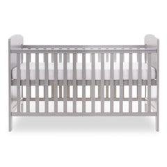 Obaby Grace Cot Bed (Warm Grey) - side view, shown here with mattress base at highest position (mattress not included)