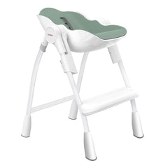 Oribel Cocoon Highchair (Pistachio) - quarter view, showing the seat unit reclined