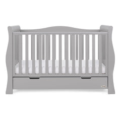 Obaby Stamford Luxe Sleigh Cot Bed (Warm Grey) - side view, shown with the mattress