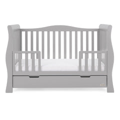 Obaby Stamford Luxe Sleigh Cot Bed (Warm Grey) - side view, shown here with the protective side rails