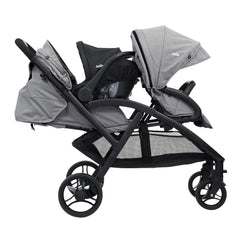 Joie Evalite Duo Stroller (Grey Flannel) - side view, shown here with a car seat fixed to the rear seat (car seat not included, available separately)