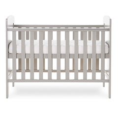 Obaby Grace Mini Cot Bed (Warm Grey) - side view, shown with the mattress base at its highest level (mattress not included, available separately)