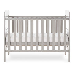 Obaby Grace Mini Cot Bed (Warm Grey) - side view, shown with the mattress base at its middle level (mattress not included, available separately)
