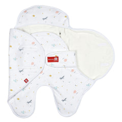Red Castle Babynomade Double Fleece Blanket (Happy Fox/White) - showing a Babynomade interior and how to wrap baby up