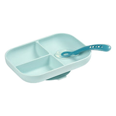 BEABA Silicone Suction Compartment Plate (Blue) - showing the plate and included spoon