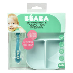 BEABA Silicone Suction Compartment Plate (Blue) - showing the set within its packaging