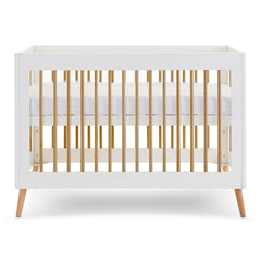 Obaby Maya Mini Cot Bed (White with Natural) - showing the mattress base at its highest level (mattress not included, available separately)