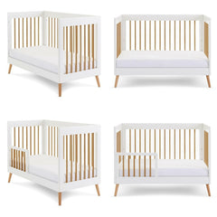 Obaby Maya Mini Cot Bed (White with Natural) - showing the cot bed in various configurations and showing the included safety rails (mattress not included, available separately)