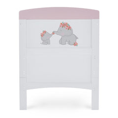 Obaby Grace Inspire Cot Bed (Me & Mini Me Elephants - Pink) - showing the cot bed`s end panel with its elephant illustrations