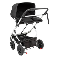 Mountain Buggy Duet v3.2 Carrycot Plus for Twins (Black) - front view, showing the parent-facing seat unit fixed onto a chassis (buggy not included, available separately)