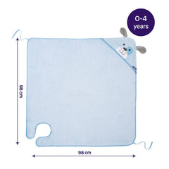 ClevaMama Bamboo Apron Baby Bath Towel - Patch The Puppy (Blue) - showing the whole towel with its dimensions