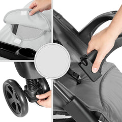 Hauck Shopper Neo II (Grey) - showing some of the stroller`s features including its ventilation panel and lockable swivel wheels