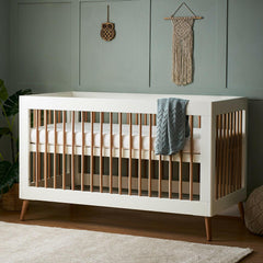 Obaby MAYA Cot Bed (White with Natural) - lifestyle image, shown here as the cot (mattress and bedding not included)