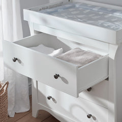 CuddleCo Clara Dresser & Changer (White) - lifestyle image, showing the interior of one of the drawers (changing mat and clothes not included)
