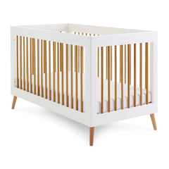 Obaby Maya 3 Piece Room Set (White with Natural) - showing the cot with the mattress base at its lowest level (mattress not included, available separately)