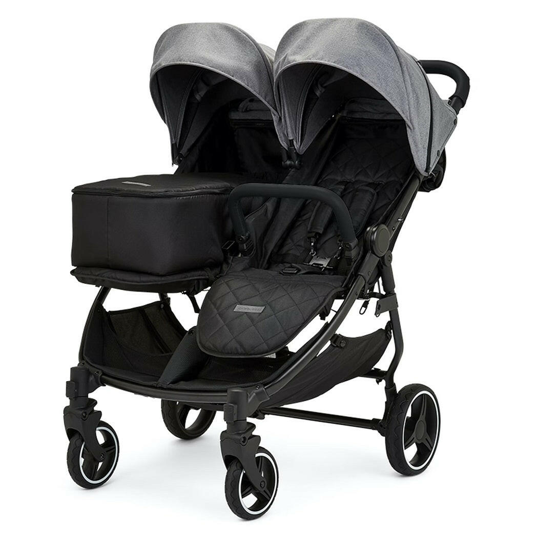 Ickle Bubba VENUS Double Stroller - Prime Bundle (Black/Space Grey/Black) - showing the stroller with the newborn cocoon fitted to one seat
