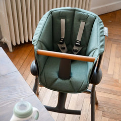 BEABA Up & Down Evolutive Highchair Bundle (Dark Grey/Sage Green) - showing the infant/toddler cushion fitted to the highchair using the attached straps