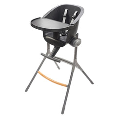 BEABA Up & Down Evolutive Highchair Bundle (Dark Grey/Sage Green) - showing the highchair with its food tray and safety harness