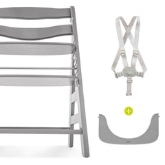 Hauck Alpha+B Wooden Highchair Grey - showing the highchair, protective bar and safety harness