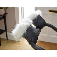 Clair De Lune Universal Pushchair/Pram Faux Fur Mittens (White) - showing the mittens fitted to a pushchair