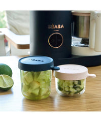 BEABA Set of 2 Conservative Jars in Glass (Pink/Dark Blue) - lifestyle image (Babycook machine available separately)