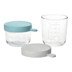 BEABA Babycook® Neo - Weaning Bundle (Grey/White) - showing the conservative glass jars with their included airtight lids (150ml in airy green and 250ml in mist)
