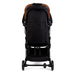 Ickle Bubba Gravity Stroller (Silver/Black/Tan) - showing the stroller`s rear view and its tan handlebar, foot brake and shopping basket