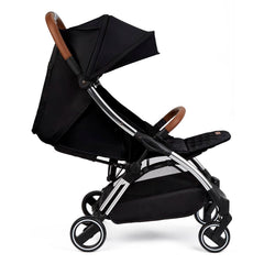 Ickle Bubba Gravity Stroller (Silver/Black/Tan) - showing the stroller with its seat fully reclined, leg rest raised and hood extended