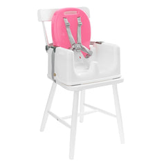 MyChild Graze 3-in-1 Highchair (Pink) - quarter view, showing the seat unit attached to a dining chair