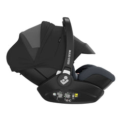 Maxi-Cosi Marble i-Size Infant Carrier with Base (Essential Graphite) - side view, showing the infant carrier with the seat reclined and sun canopy extended to reveal its peek-aboo window