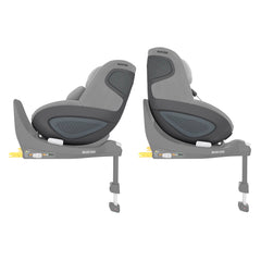 Maxi-Cosi Pearl 360 (Authentic Grey) - side view, showing the seat in parent-facing and forward-facing positions when fixed to the Maxi-Cosi FamilyFix 360 ISOFIX Base (base not included, available separately)