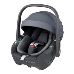 Maxi-Cosi Pebble 360 (Essential Graphite) - quarter view, showing the seat with its protective sun canopy raised