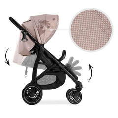 Hauck Rapid 4D Stroller (Disney - Minnie Mouse Rose) - showing the stroller`s adjustable back and leg rests (the inset picture is a close view of the stroller`s fabric)
