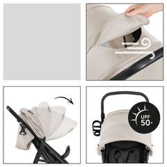 Hauck Rapid 4D Stroller (Beige) - showing some of the stroller`s features including the extendable hood, its ventilation panel and UPF50+ sun protection fabric