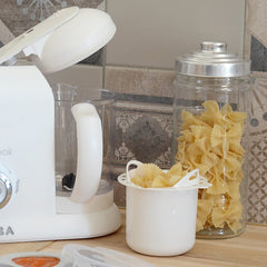 BEABA Pasta/Rice Cooker Insert (White) - showing the insert filled with pasta