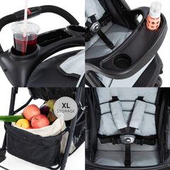 Hauck Shopper Neo II (Caviar Silver) - showing the stroller`s drinks holder and tray, large shopping basket and 5-point safety harness