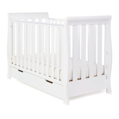 Obaby Stamford MINI Sleigh Cot Bed with Drawer (White) - shown here with a mattress (mattress not included, available separately)