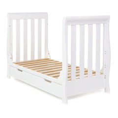 Obaby Stamford MINI Sleigh Cot Bed with Drawer (White) - shown here as the junior bed with both side panels removed