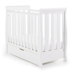 Obaby Stamford Space Saver Cot with FOAM Mattress (White) - quarter view, shown here with mattress base at its lowest level